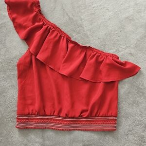 Candie's Vibrant Red One-Shoulder Ruffle Blouse